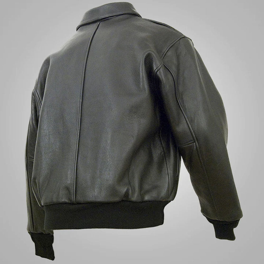 Rear perspective view of men's A-2 leather aviator jacket displaying clean center-seam back panel.