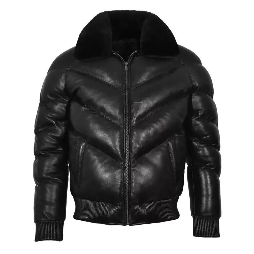 Front view of the men's black leather ACE V-bomber puffer jacket featuring a plush black sheepskin shearling collar.