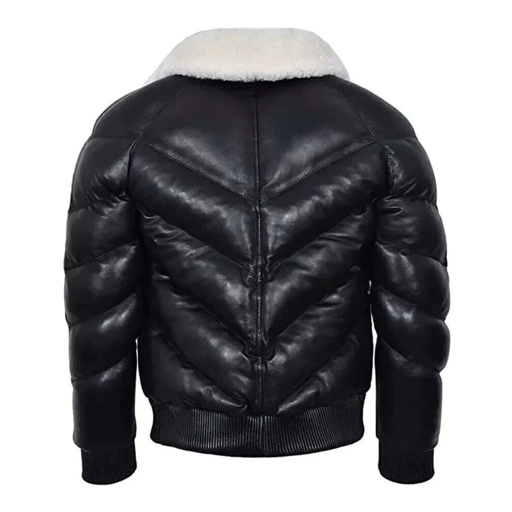 Rear view of the black leather ACE V-bomber puffer jacket with contrast white shearling collar displaying chevron bubble seams.
