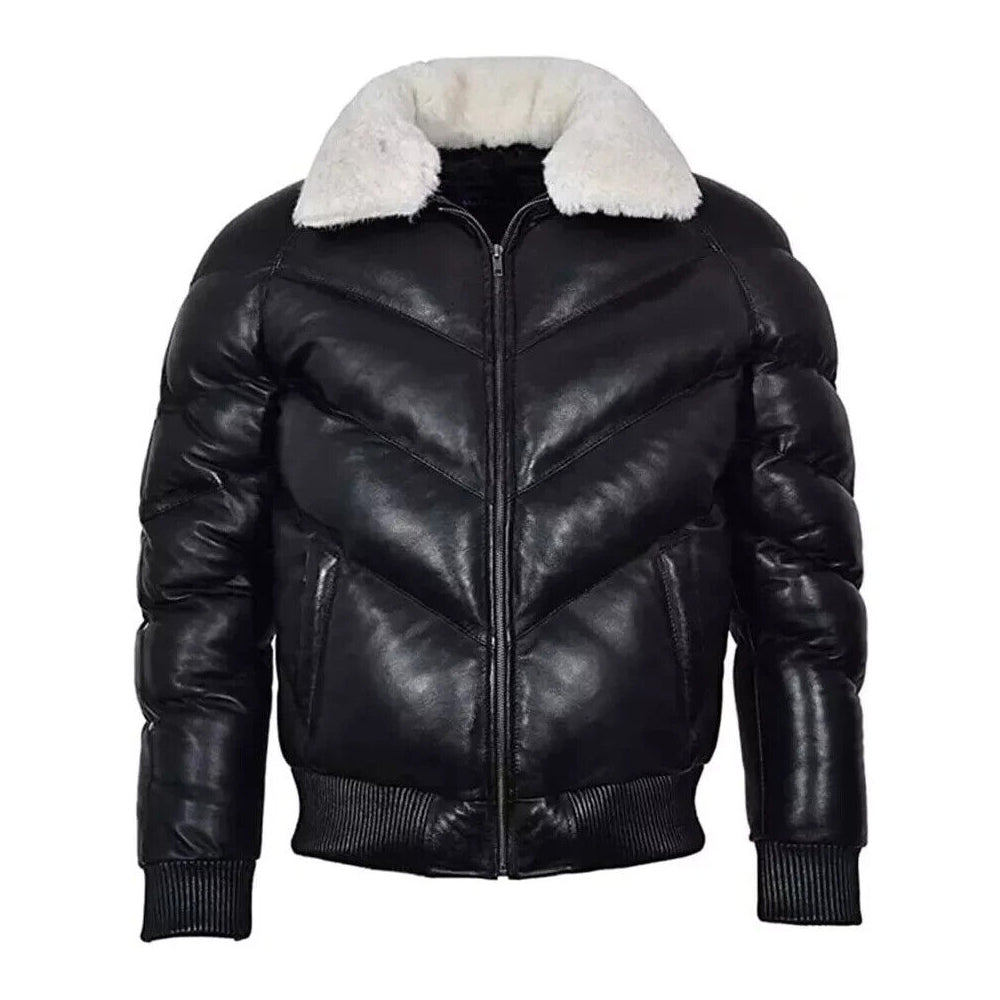Front view of the men's black leather ACE V-bomber puffer jacket showcasing a contrast white sheepskin shearling collar.