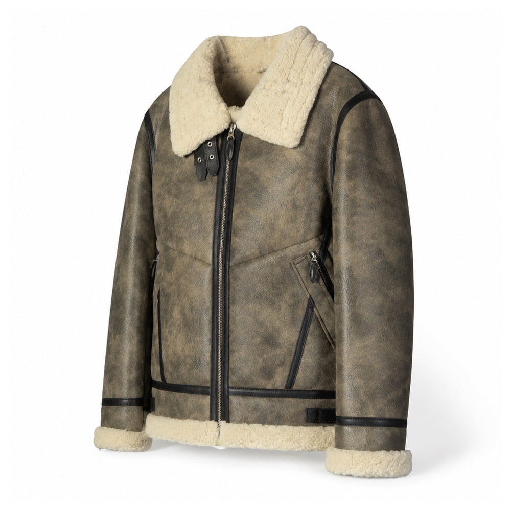 Three-quarter view of men’s Air Force B3 shearling bomber jacket with off-white collar and contrast black piping
