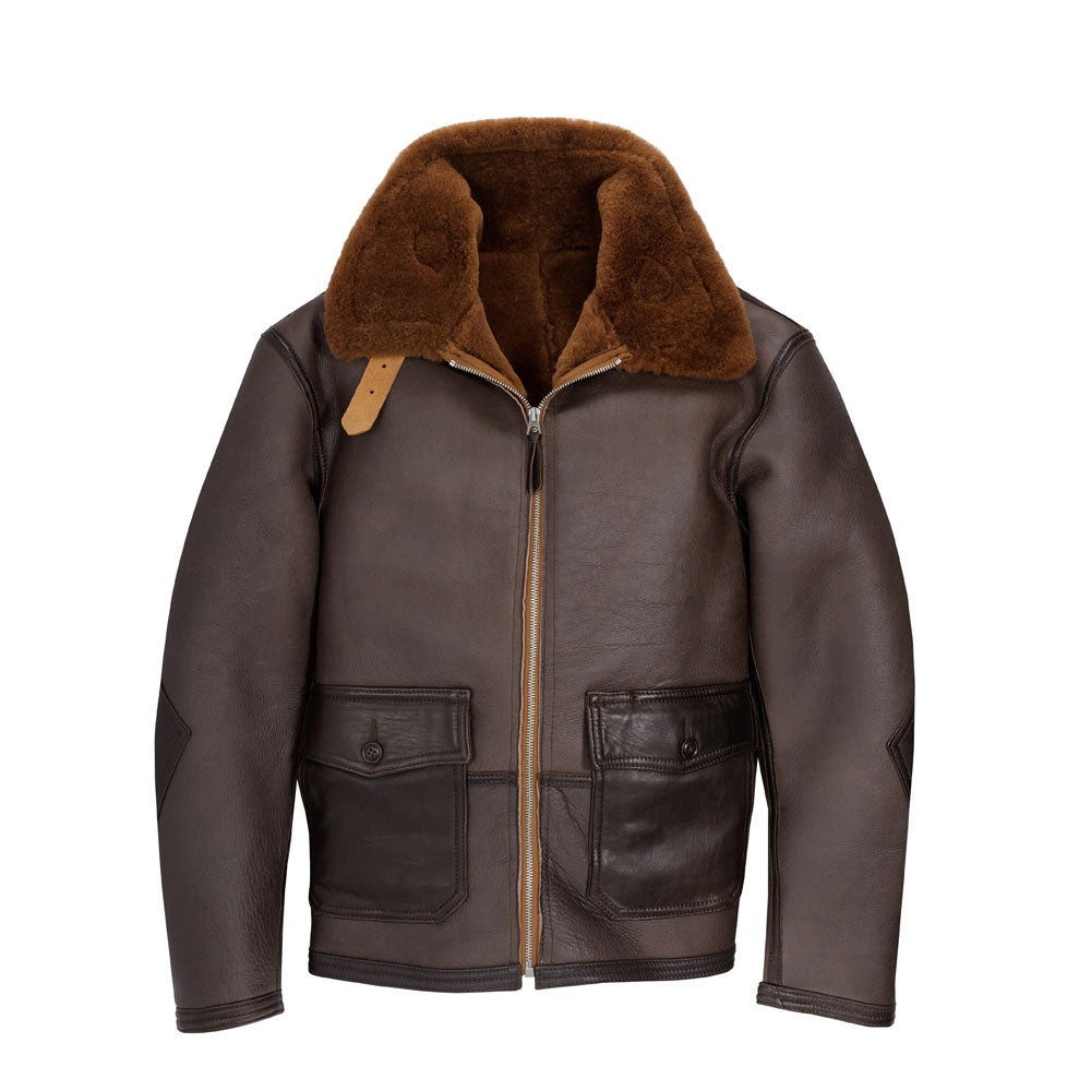 Front view of men's AN-J-4 dark chocolate brown sheepskin aviator jacket featuring chestnut shearling storm collar and dark espresso button pockets.
