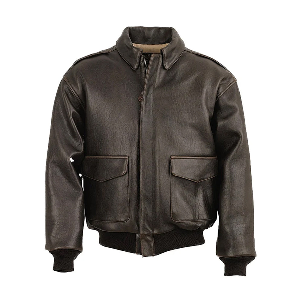 Front flat lay of men's antique brown A-2 flight bomber jacket with flap cargo pockets and rib waist.