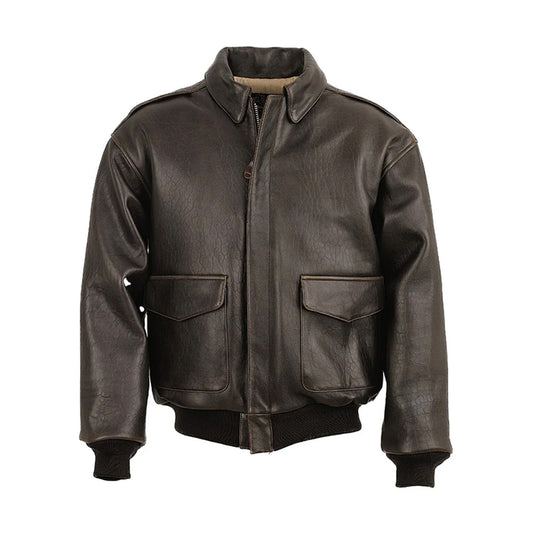 Front flat lay of men's antique brown A-2 flight bomber jacket with flap cargo pockets and rib waist.