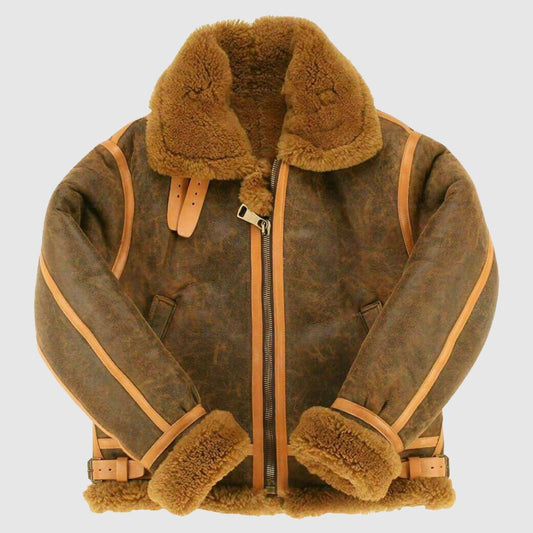 Front layout of men's antique brown B-3 sheepskin jacket with contrast tan leather piping and cinnamon shearling collar.
