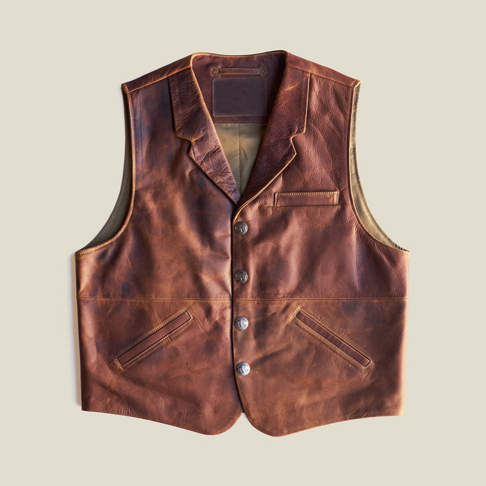 Front view of men’s antique brown pull-up steerhide Western vest with notched lapels, Buffalo Nickel-style snaps and angled pockets