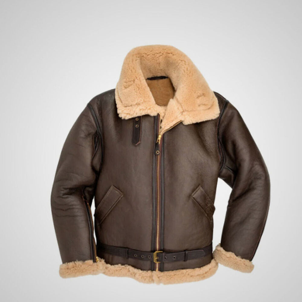 Front view of men's antique seal brown B3 aviator shearling jacket with honey gold fur collar and front waist belt