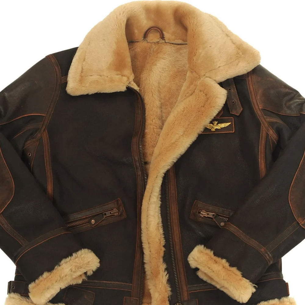 Flat lay view of open brown sheepskin aviator coat revealing full plush tan shearling fleece interior