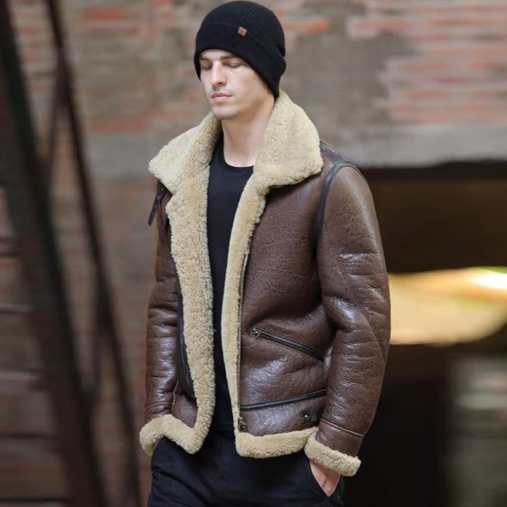 Men's Asymmetric Pocket B-3 Jacket Showing Leather Patch Pocket Detail