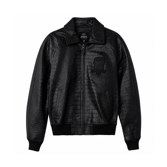 Front view of men’s black Avirex croc-embossed goatskin bomber with point collar, tonal chest crest and welt pockets