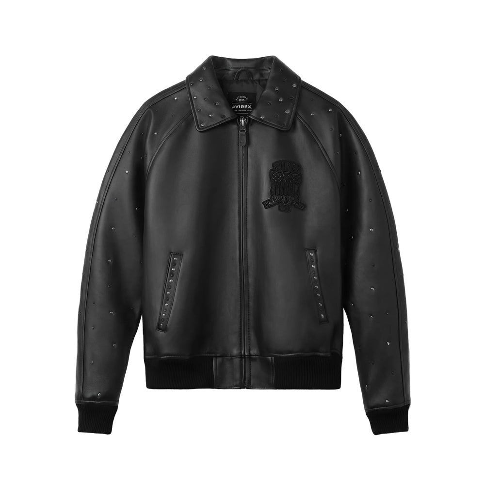 Front view of men’s Avirex black studded leather bomber with point collar, tonal chest crest and decorated welt pockets