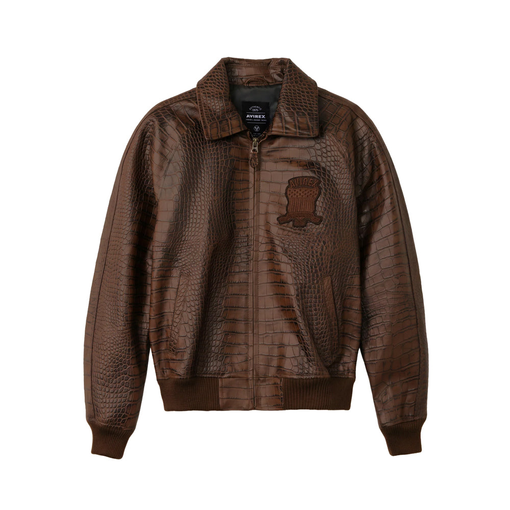 Front view of men’s Avirex brown croc-embossed leather bomber with point collar, chest crest and welt pockets