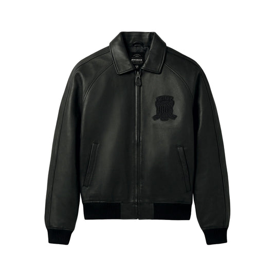 Front view of men’s Avirex Iconic black lamb leather bomber with tonal chest crest, point collar and solid rib-knit hem