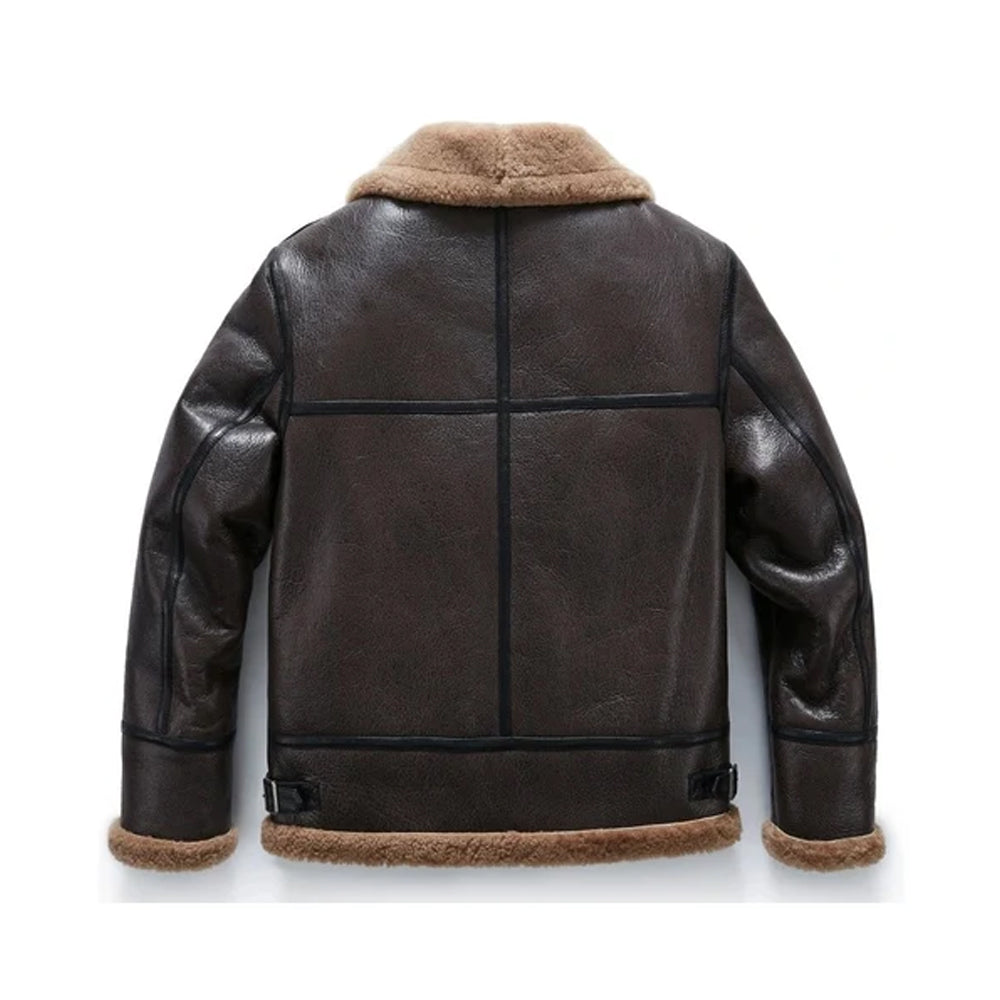 Back view of men's brown sheepskin B3 flight jacket showing dark leather welt seam piping details