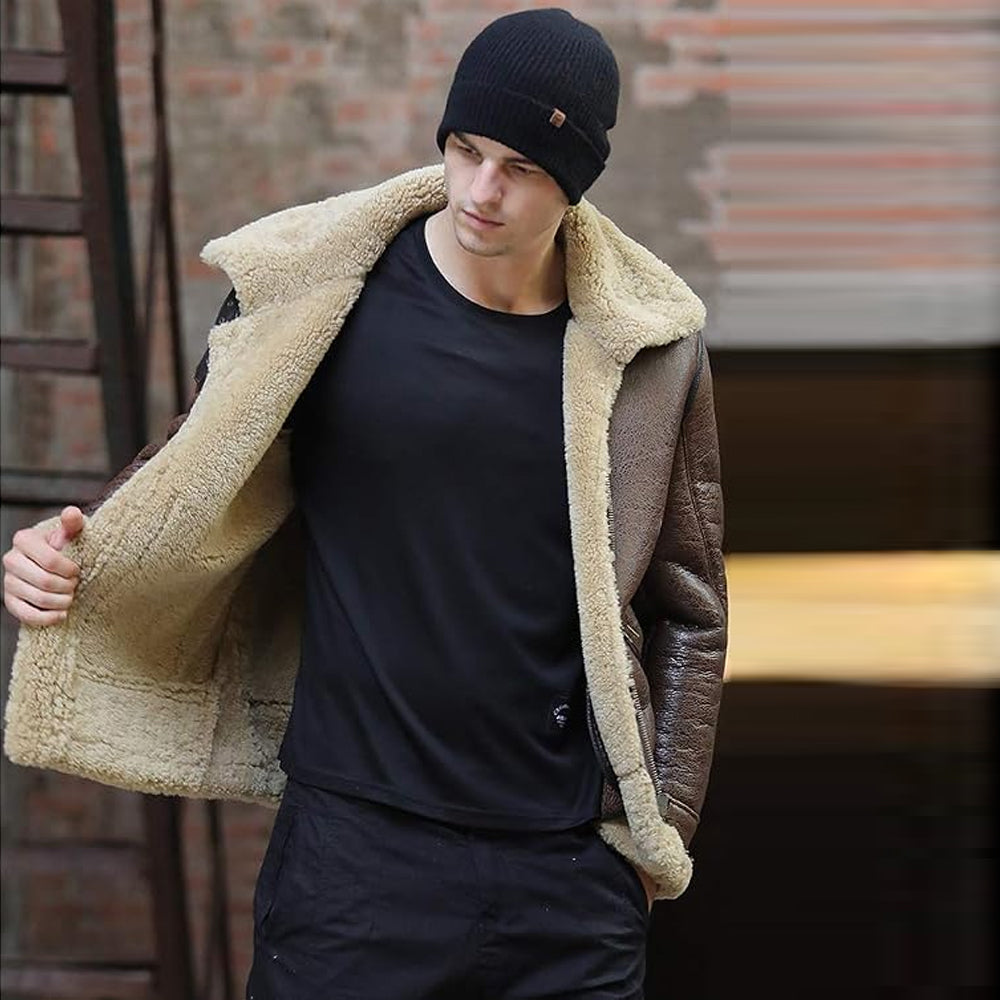 Men's B-3 Aviator Jacket with Shearling Collar Held Open
