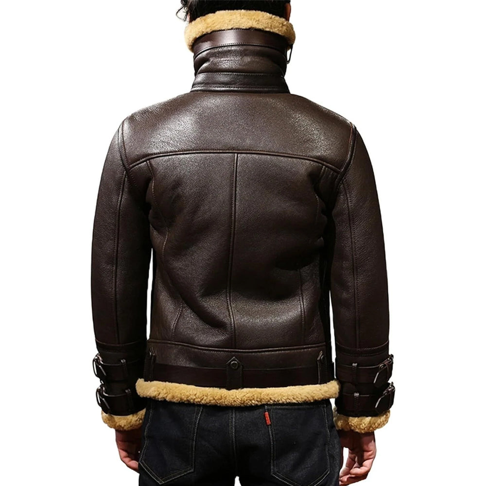 Rear view of model wearing dark espresso B3 aviator shearling jacket with collar turned upright and double cuff belts