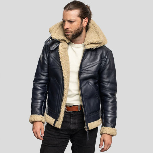 Side profile of model wearing black B-3 aviator shearling flight jacket with exposed cuffs and collar