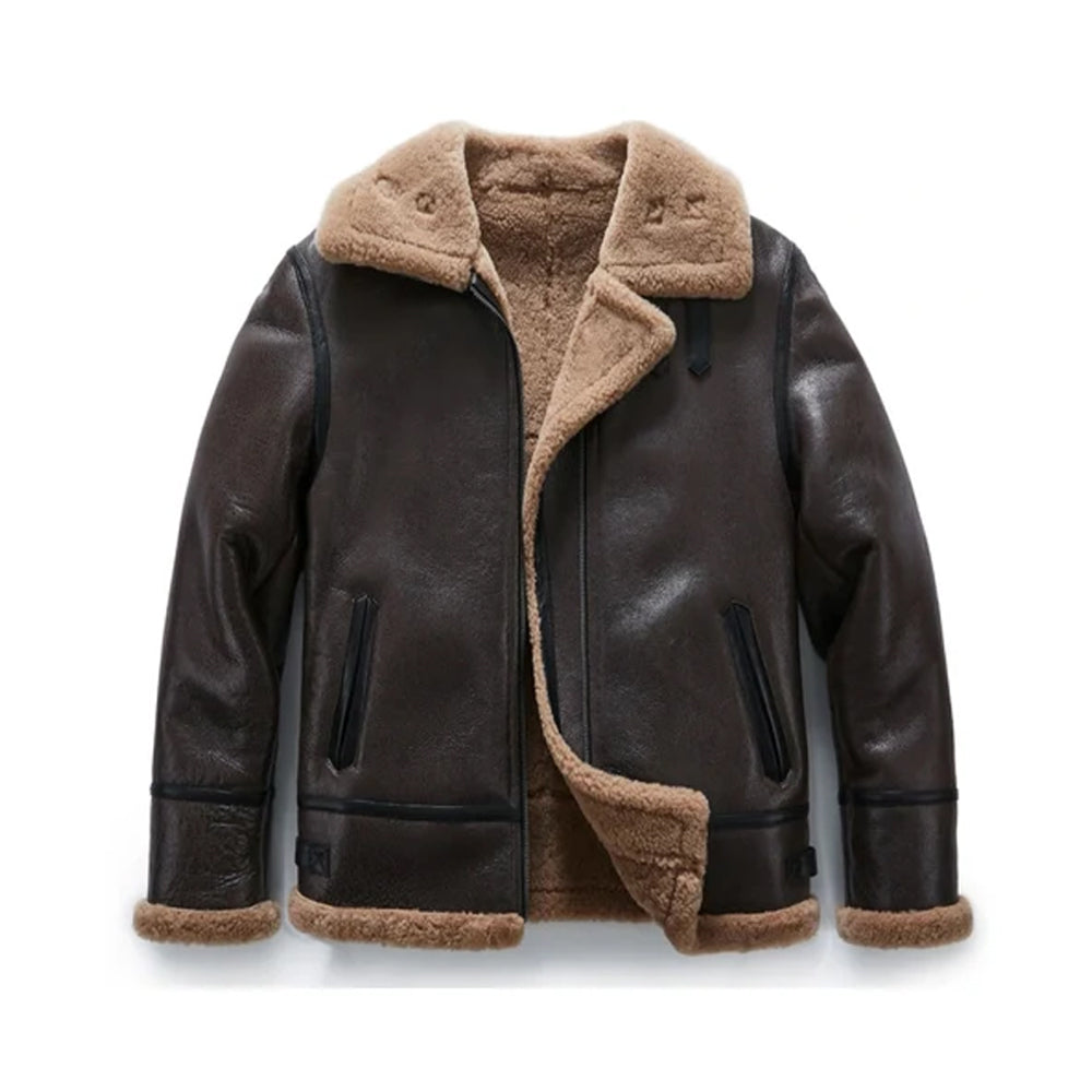 Front view of men's B3 RAF bomber brown lambskin leather jacket with plush camel shearling fur lining