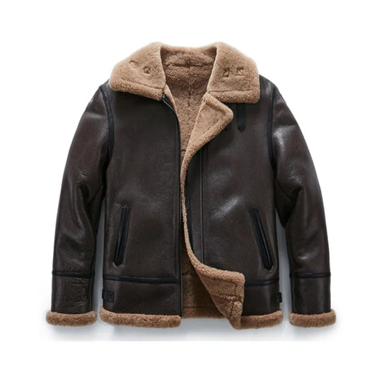 Front view of men's B3 RAF bomber brown lambskin leather jacket with plush camel shearling fur lining