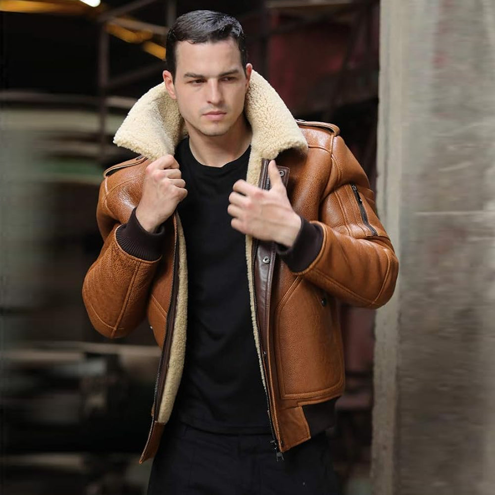 Men's B-3 Flight Bomber Jacket with Stand-Up Shearling Collar Detail