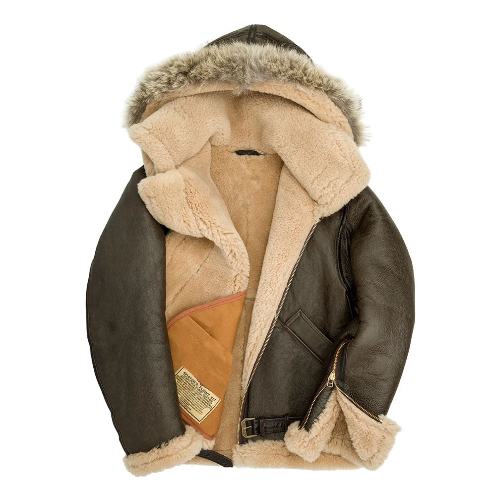 Interior open shot of men's B-3 flight jacket displaying cream fleece lining and authentic military spec patch.