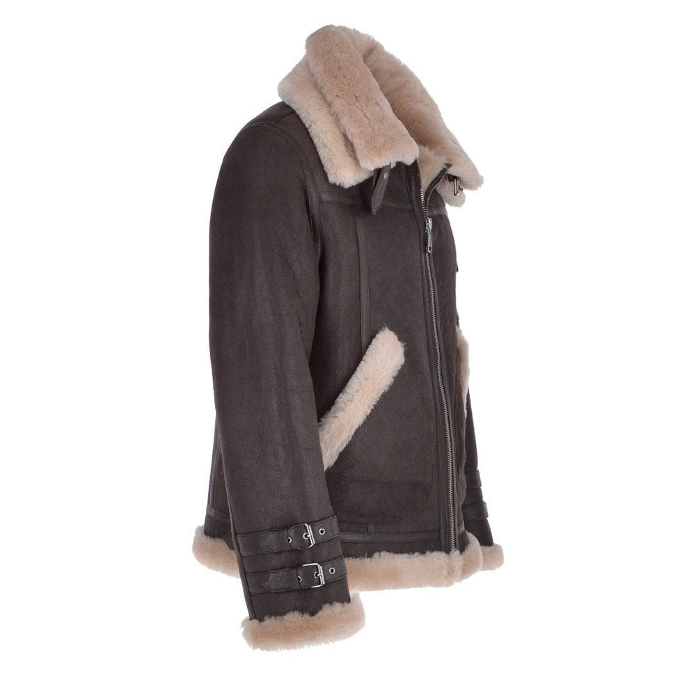 Right profile view of men's B-3 flight jacket displaying wide beige shearling collar with dual leather throat latches