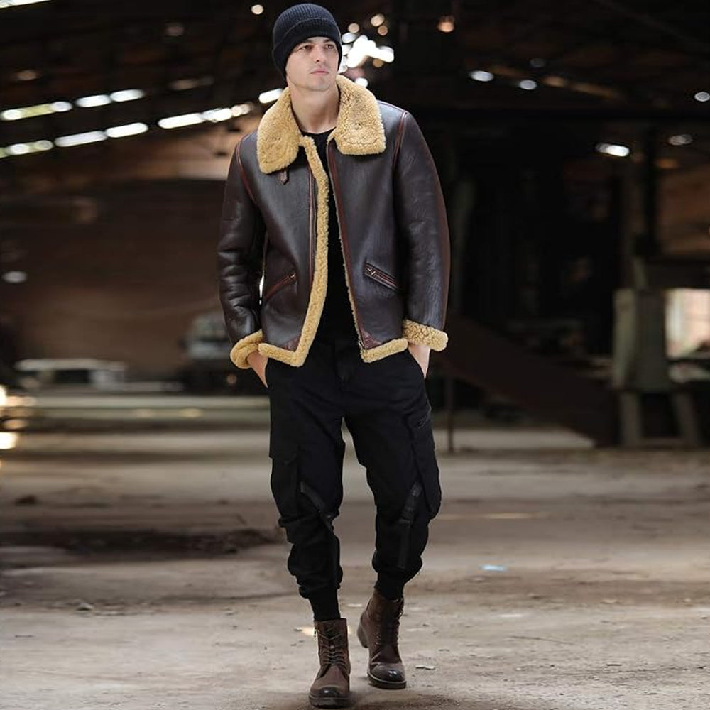 Men's B-3 Flight Jacket with Shearling Collar Worn in Warehouse Setting