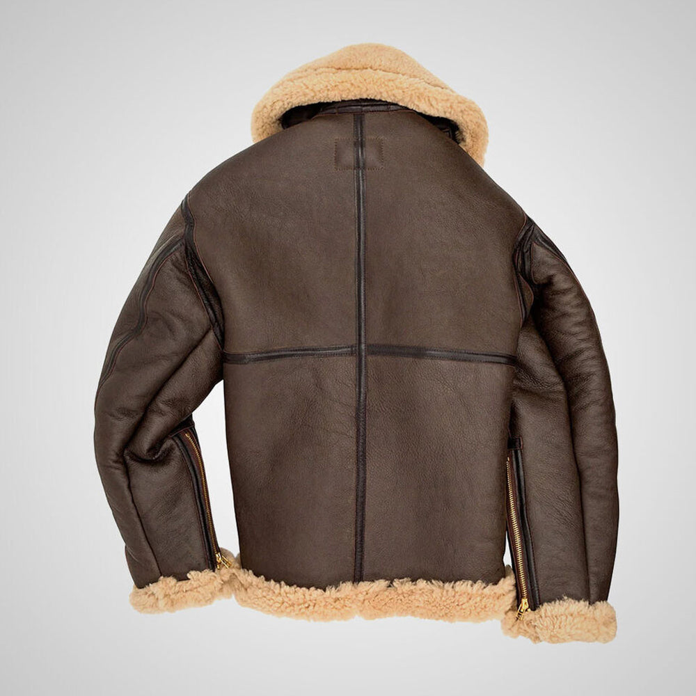 Back view of men's B3 flight shearling coat displaying 4-panel back construction and rear arm zippers