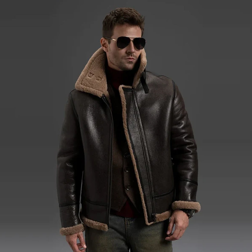 Model wearing dark brown B3 aviator pilot jacket with high-neck camel shearling collar and buckle straps