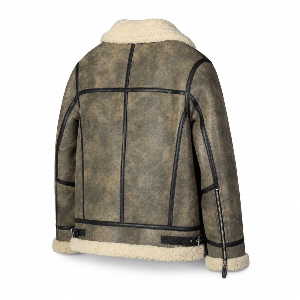 Rear three-quarter view of men’s B3 shearling aviator jacket with black taped seams and adjustable waist tabs