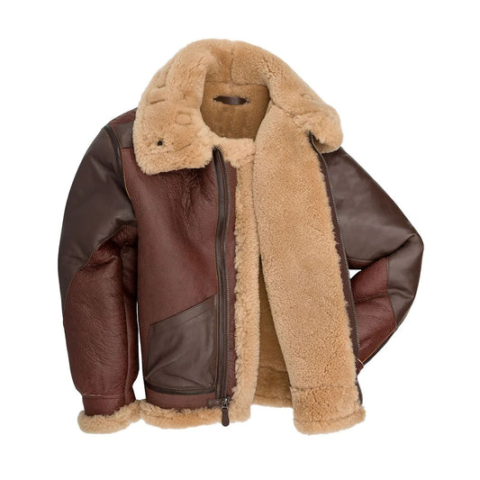 Front flat lay view of men's B-3 brown sheepskin bomber jacket showing open cream shearling lining and smooth cowhide arm panels