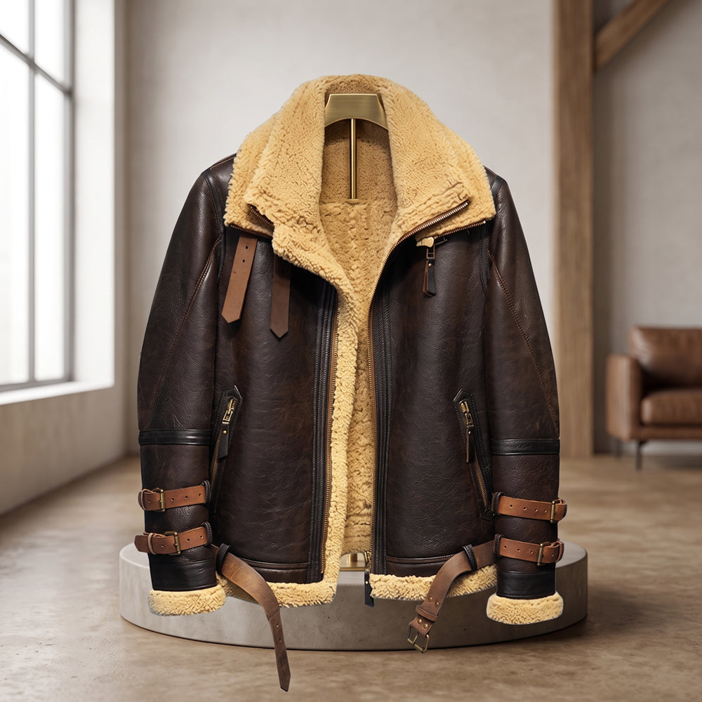 Front view of men's B3 brown shearling bomber jacket with 1.4mm sheepskin leather and honey-gold fur lining.