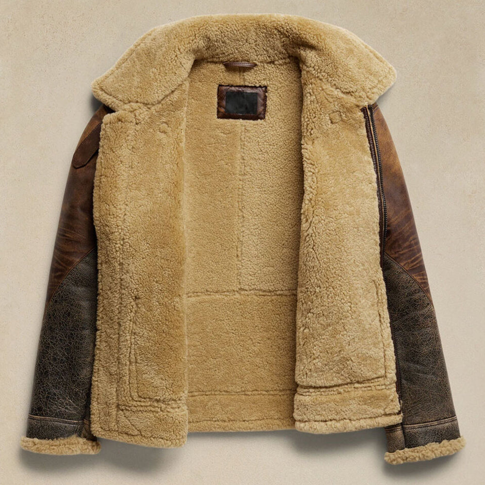 Flat view of open men's B3 shearling coat revealing 100% full cream curly shearling fur interior lining