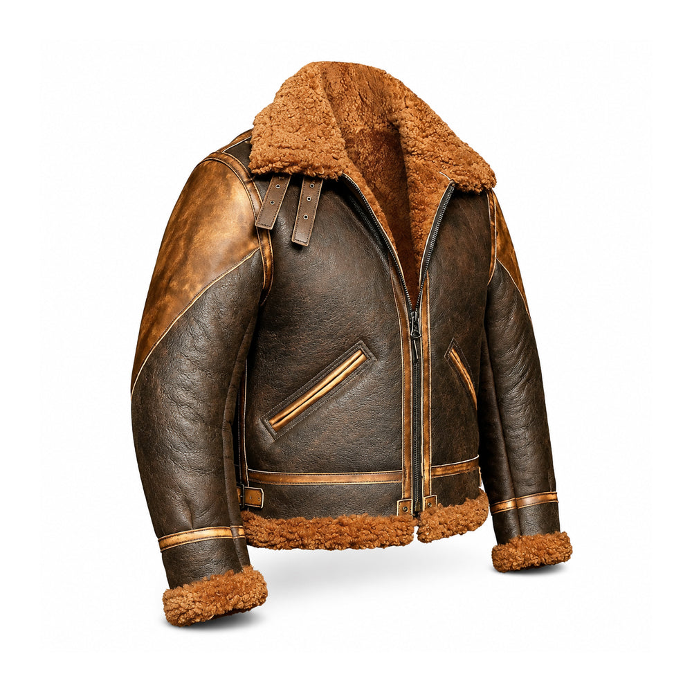 Opposite front view of men’s B3 shearling flight bomber jacket with dual collar straps and cinnamon wool trim