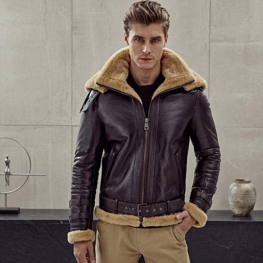 Studio front model shot of men's belted B3 shearling fur coat with gunmetal waist buckle