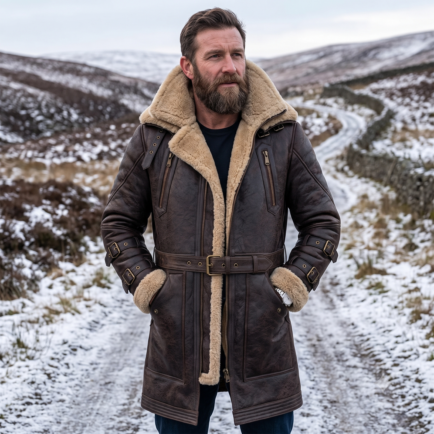Man wearing dark brown belted shearling trench coat in snowy outdoor setting