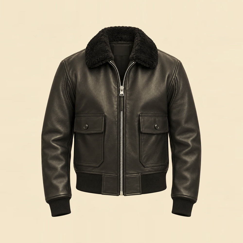Front flat lay of men’s big-and-tall black leather bomber with genuine black shearling collar and flap pockets