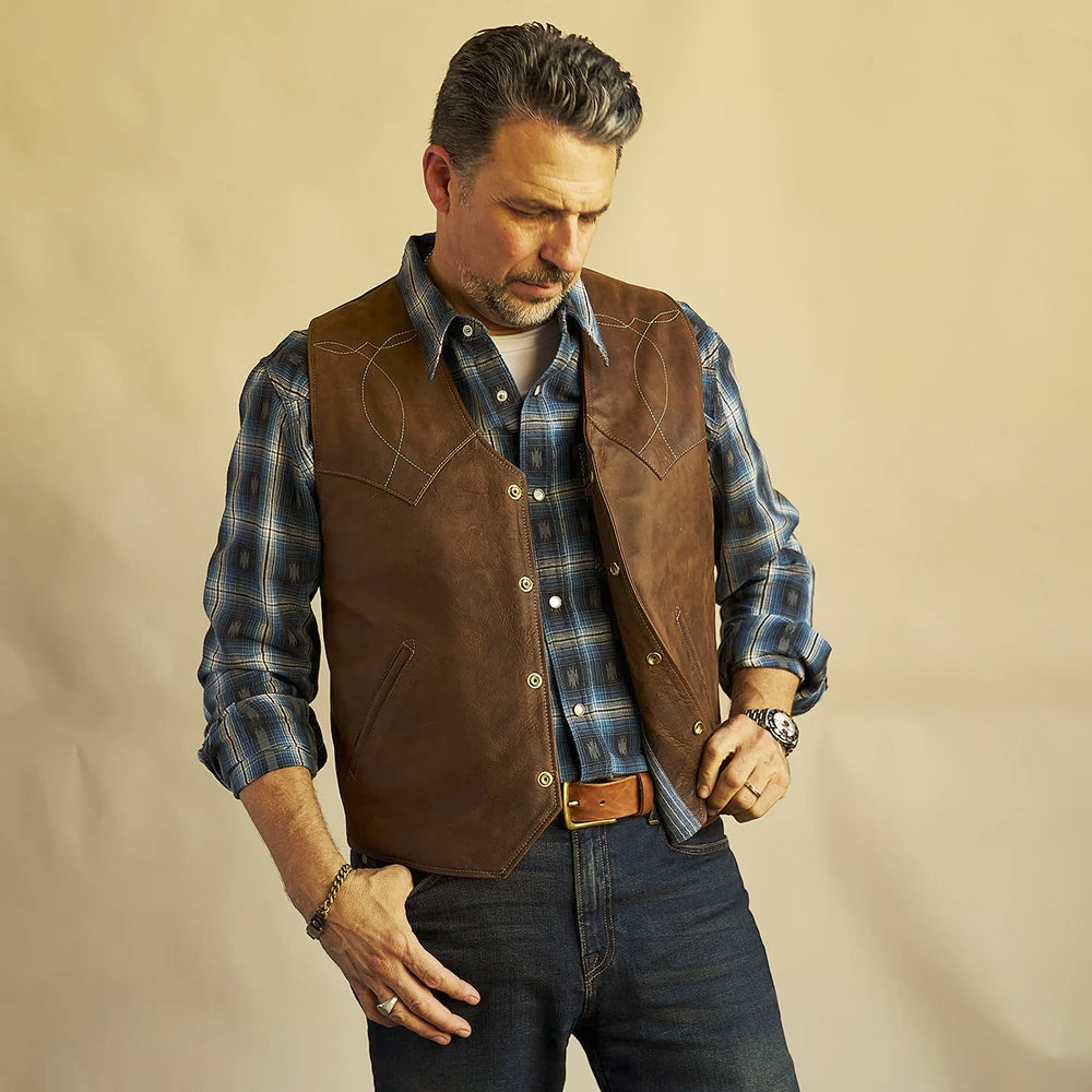 Open front fit of men’s brown bison cowboy vest showing its short waist-length Western silhouette