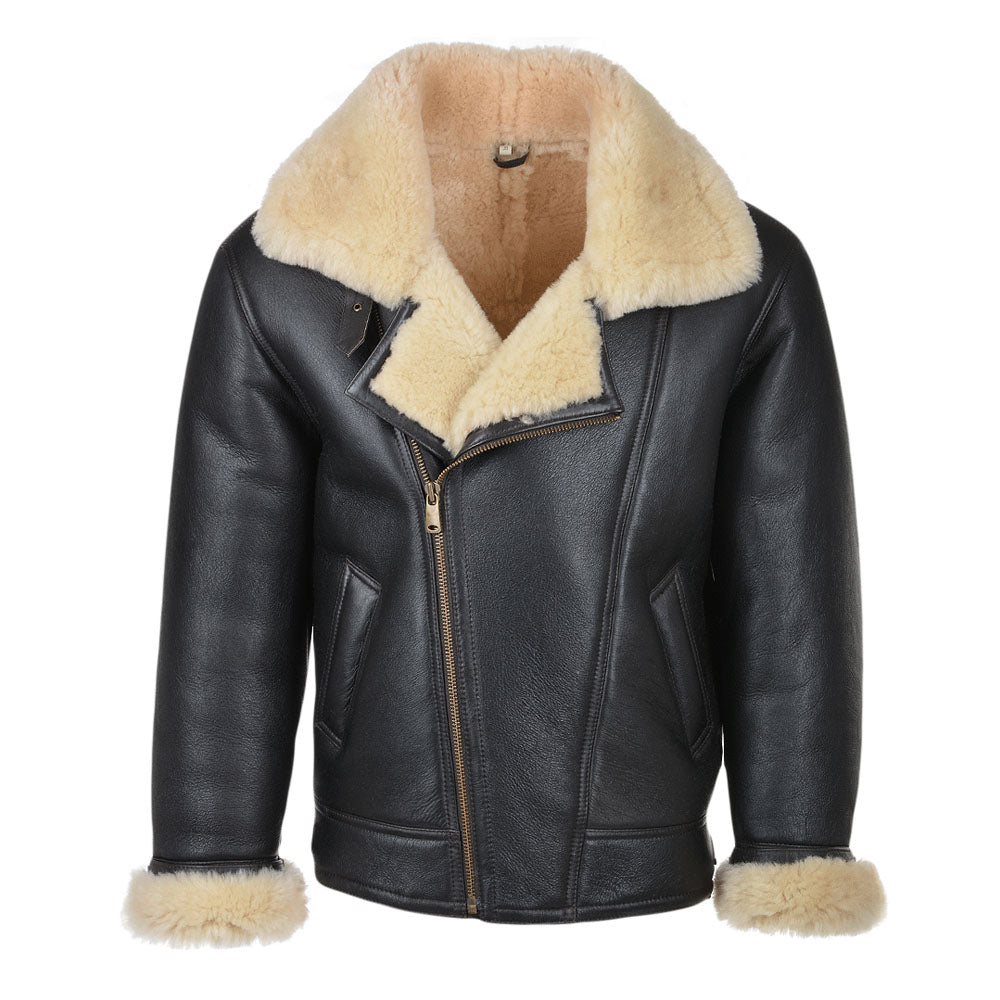 Front view of men's black asymmetrical shearling biker jacket showing cross-zip closure and wide beige wool lapels