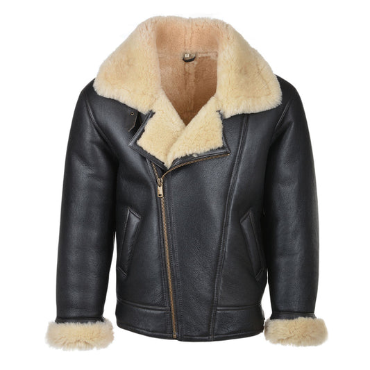 Front view of men's black asymmetrical shearling biker jacket showing cross-zip closure and wide beige wool lapels