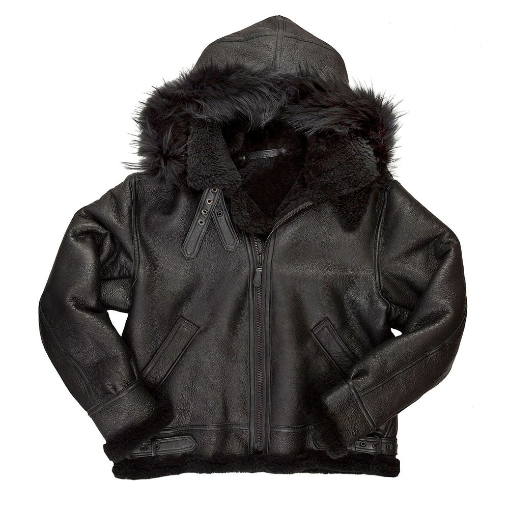 Front flat lay view of men's black B-3 shearling flight bomber jacket featuring removable hood and double buckle collar.