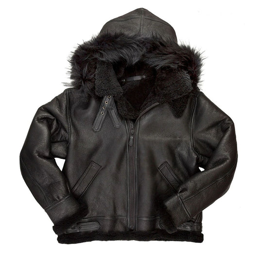 Front flat lay view of men's black B-3 shearling flight bomber jacket featuring removable hood and double buckle collar.