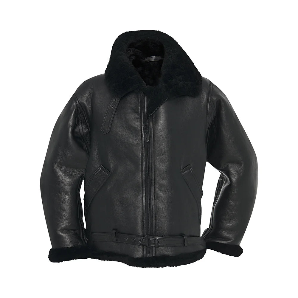 Front view of men’s black sheepskin aviator jacket with shearling collar, waist belt and angled hand-warmer pockets