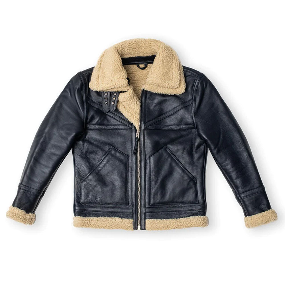 Men's deep black double-face sheepskin B-3 aviator flight jacket featuring chevron chest stitching and beige wool collar