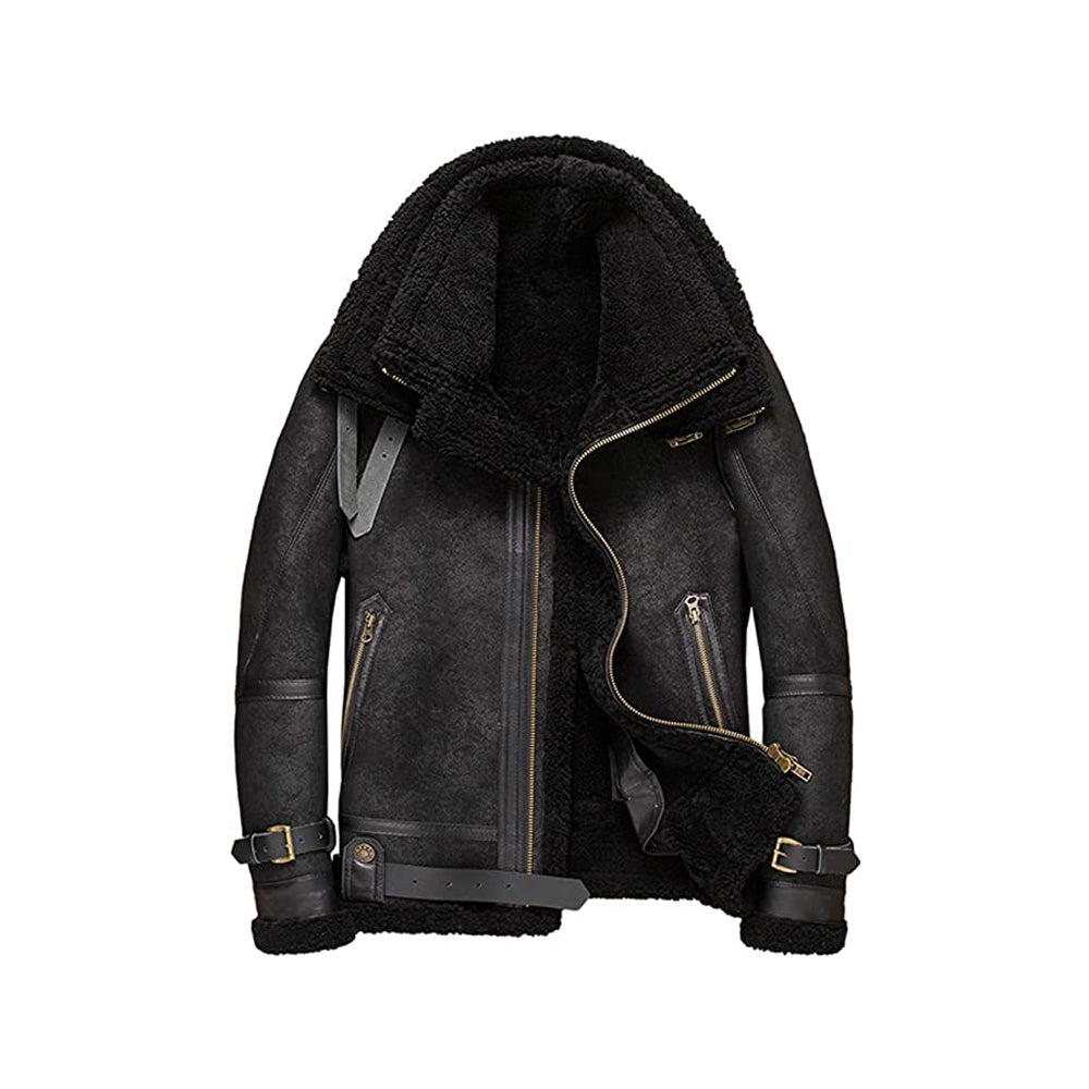 Front view of men's black crackle B3 asymmetric shearling leather aviator jacket displaying open fur lapels, side zip, and waist belt