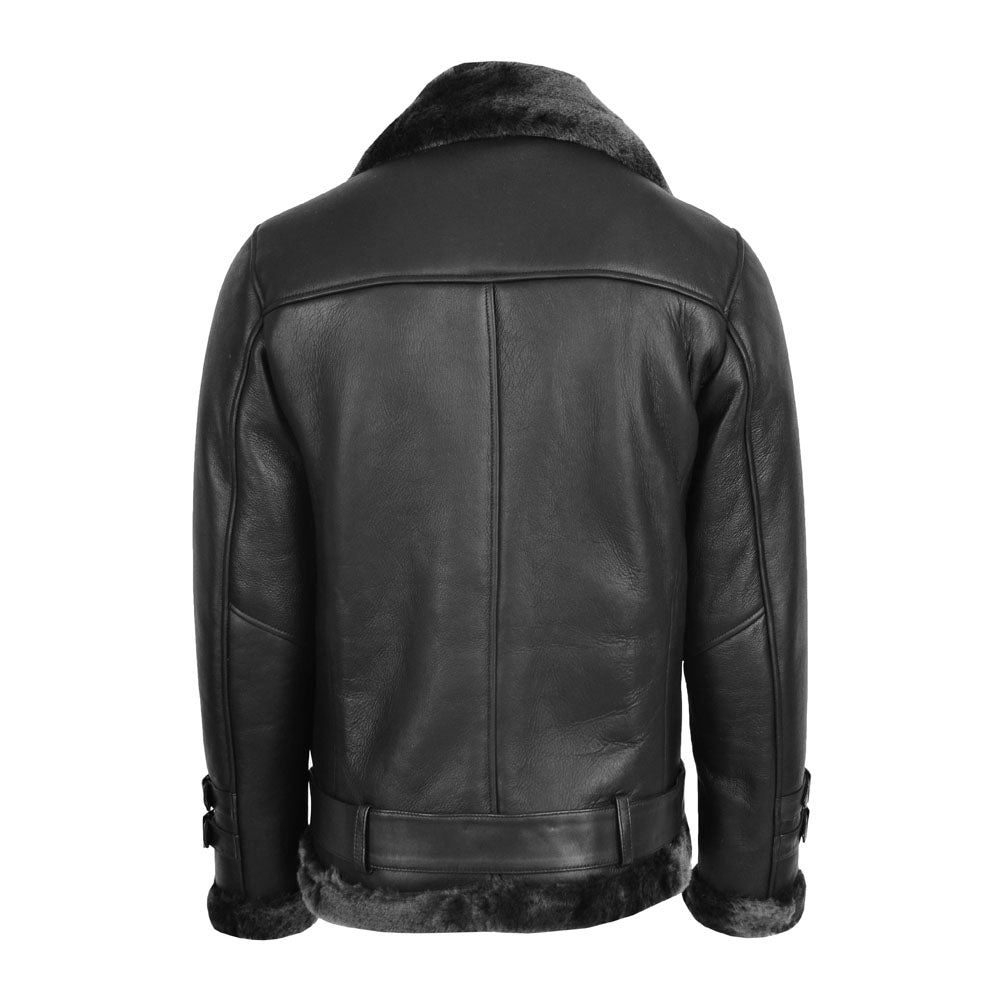 Back view of men's black cross zip shearling aviator coat featuring 3-panel seam layout and turn-back fur cuffs