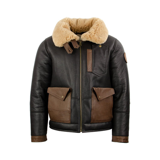 Front view of men’s black full-grain leather B3 bomber jacket with cream shearling collar and brown cargo pockets