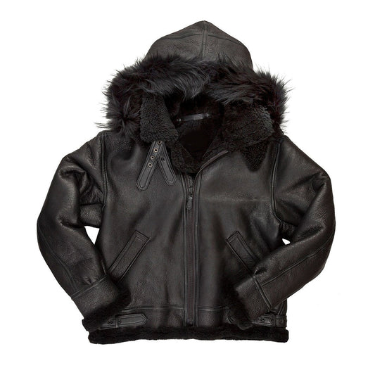 Men's black hooded B-3 shearling leather aviator jacket, front view with fur-trimmed hood and zip closure.