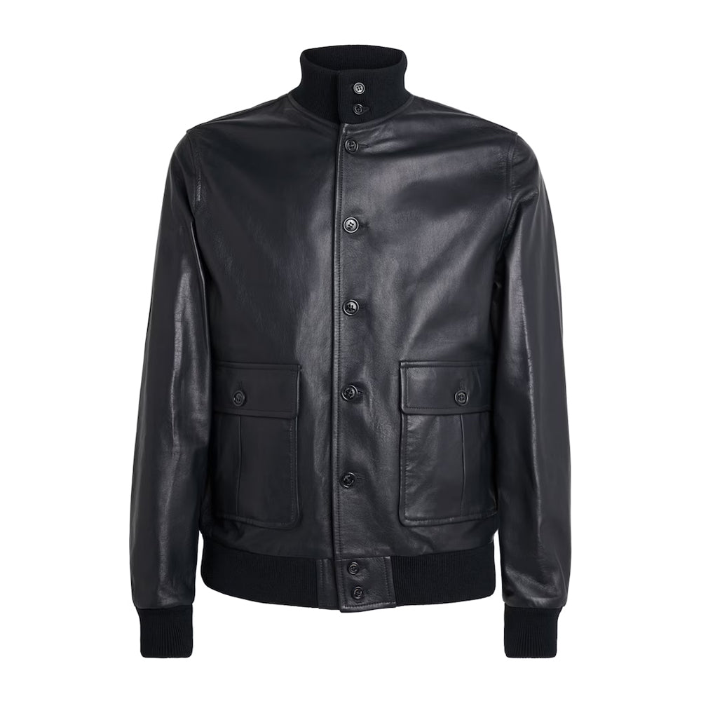 Front view of men's black lambskin A-1 button-front flight bomber jacket with ribbed stand collar and flap cargo pockets.