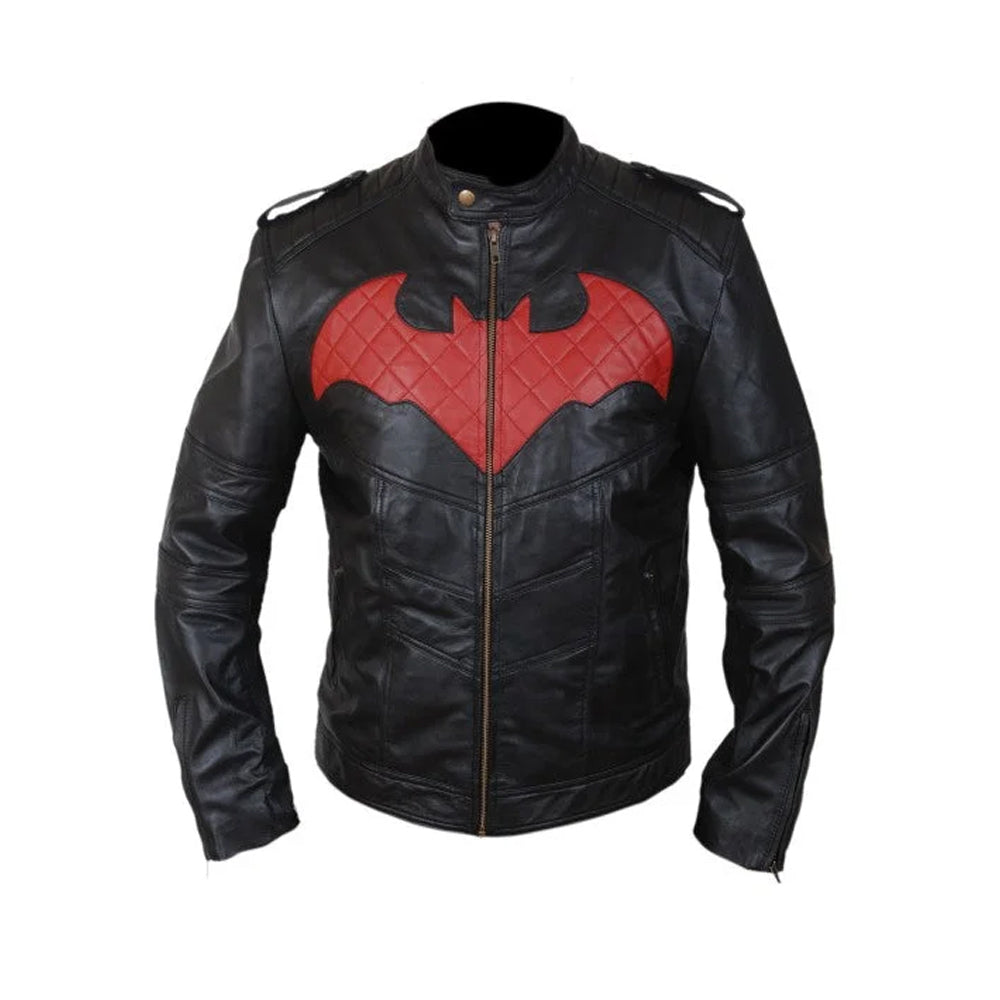 Front view of men’s black lambskin jacket with red diamond-quilted bat-wing chest appliqué
